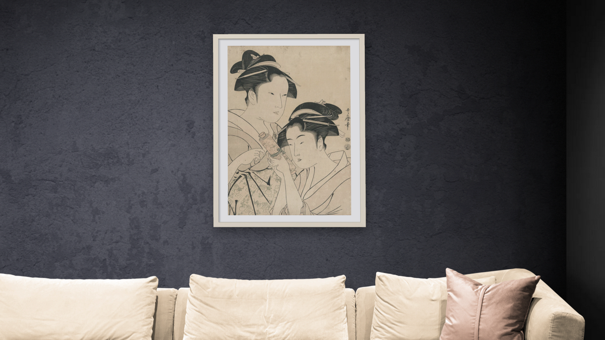 Osen of Kagiya and Ohisa of Takashima by Kitagawa Utamaro, shown at 28 × 42 in (71.1 × 106.7 cm) in Ramino Opaque White, living