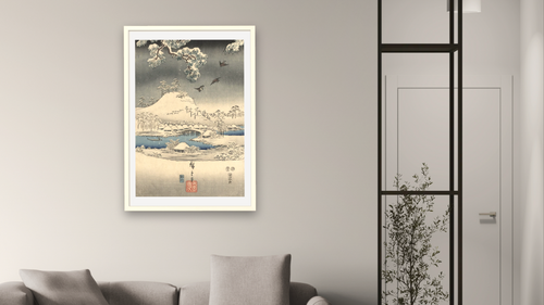 A modern version of the Tale of Genji in snow scenes, shown at 28 × 42 in (71.1 × 106.7 cm) in Ramino Opaque White, living [arteriel-render:v6:room_a:28x42@35,39]