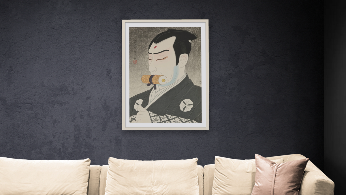 Sawamura Gennosuke as Niki by Natori Shunsen, shown at 28 × 42 in (71.1 × 106.7 cm) in Ramino Opaque White, living