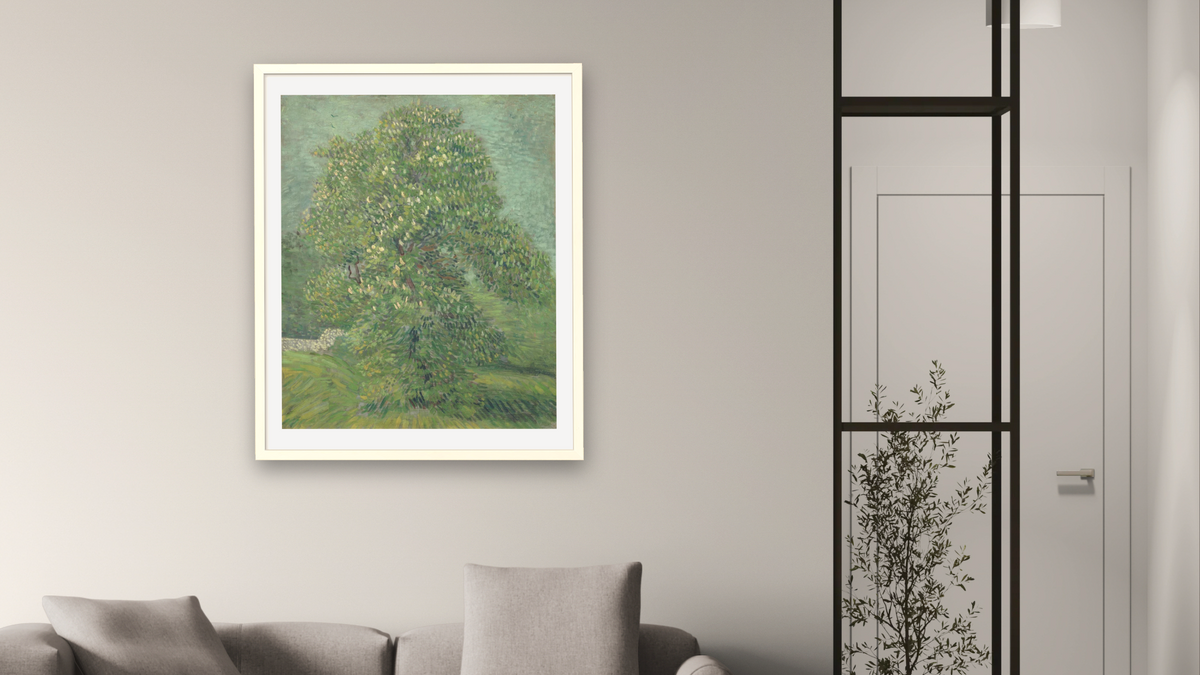 Horse Chestnut Tree in Blossom by Vincent van Gogh, shown at 32 × 40 in (81.3 × 101.6 cm) in Ramino Opaque White, living