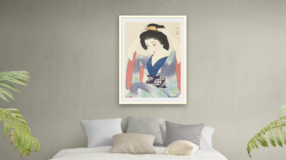 Before the Mirror (Kagami no mae) by Natori Shunsen, shown at 28 × 42 in (71.1 × 106.7 cm) in Ramino Opaque White, bedroom