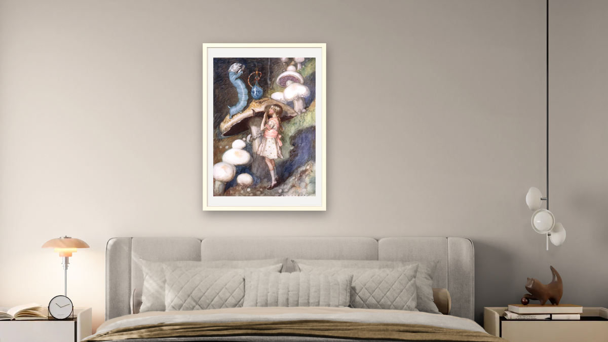 Alice in Wonderland: Alice talking to the Caterpillar by Albert Edward Jackson, shown at 28 × 42 in (71.1 × 106.7 cm) in Ramino Opaque White, bedroom