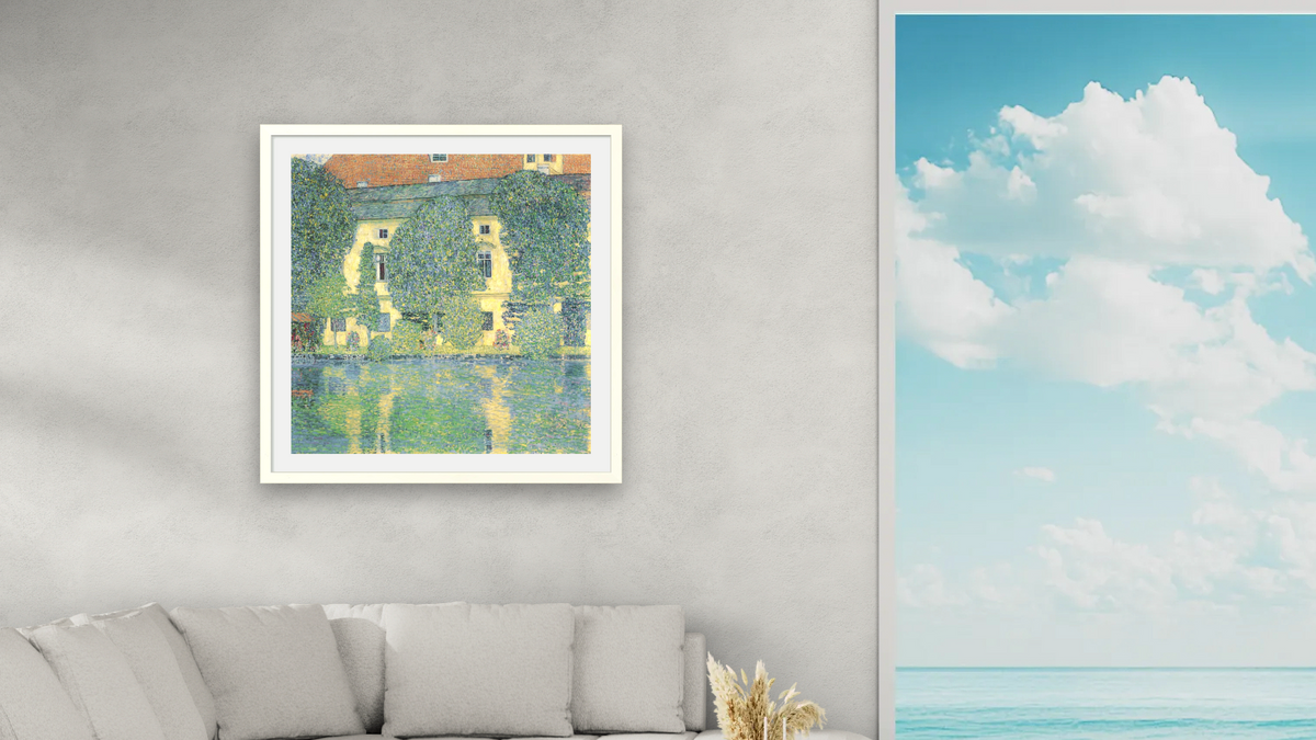 The Schloss Kammer on the Attersee III by Gustav Klimt, shown at 32 × 32 in (81.3 × 81.3 cm) in Ramino Opaque White, living