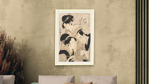 A triple portrait of Ohan of the Shinanoya, Choemon and his wife Okinu by Kitagawa Utamaro, shown at 28 × 42 in (71.1 × 106.7 cm) in Ramino Opaque White, living [arteriel-render:v6:room_a:28x42@50,44]