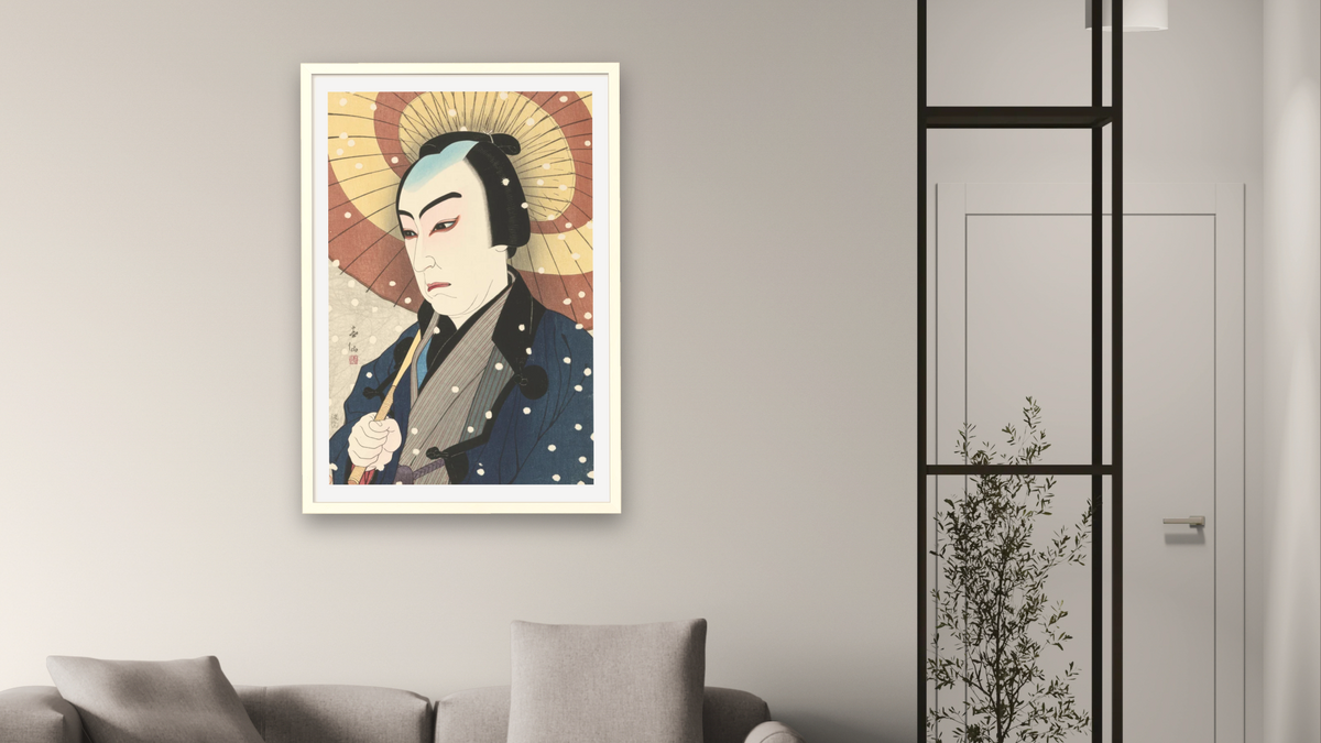 Sawamura Sojuro as Narihira Reizo by Natori Shunsen, shown at 28 × 42 in (71.1 × 106.7 cm) in Ramino Opaque White, living