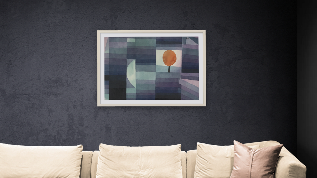 The Harbinger of Autumn [green/violet gradation with orange accent] by Paul Klee, shown at 30 × 40 in (76.2 × 101.6 cm) in Ramino Opaque White, living