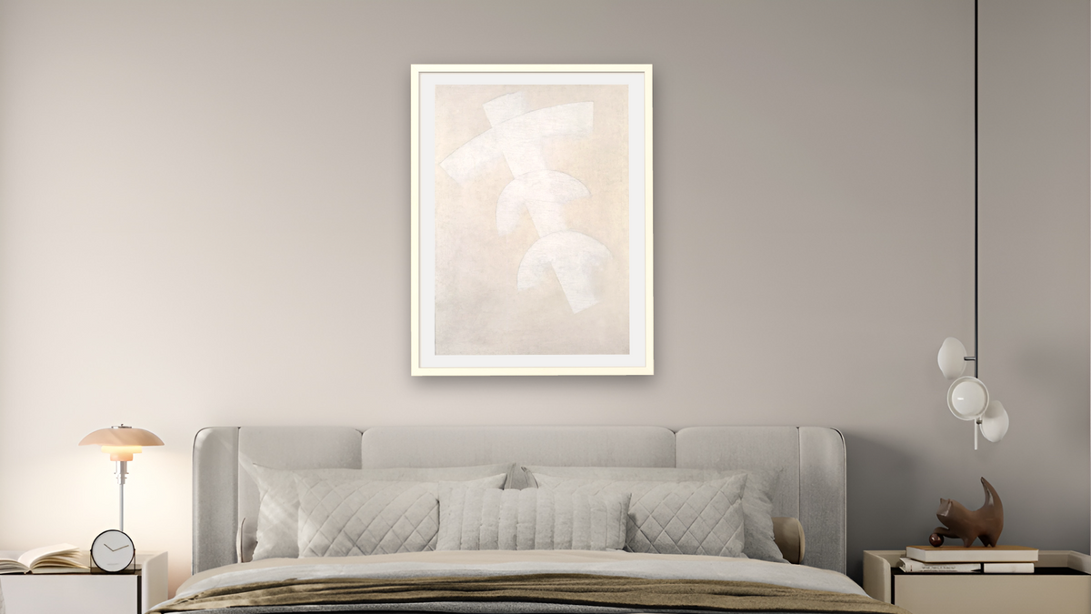 Construction in Dissolution (Three Arches on a Diagonal Element in White) by Kazimir Malevich, shown at 30 × 40 in (76.2 × 101.6 cm) in Ramino Opaque White, bedroom