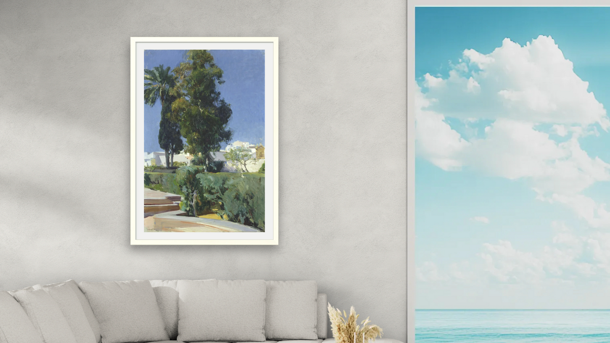 Corner of the Garden, Alcazar, Sevilla by Joaquin Sorolla y Bastida, shown at 28 × 42 in (71.1 × 106.7 cm) in Ramino Opaque White, living