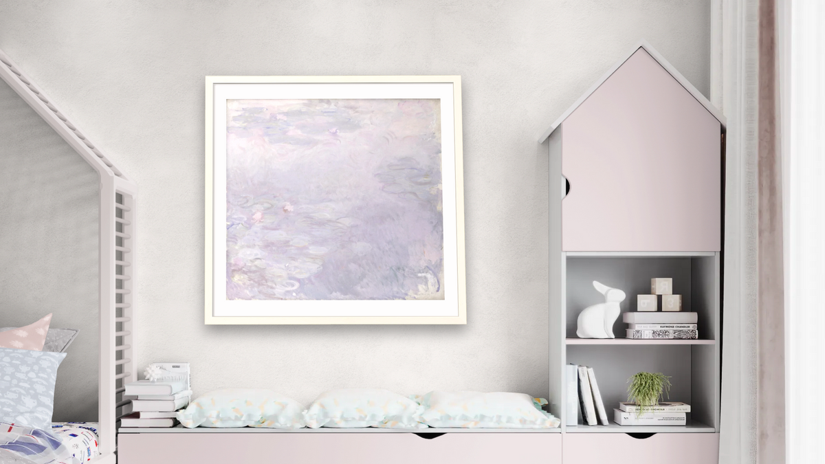 Pale Water Lilies by Claude Monet, shown at 32 × 32 in (81.3 × 81.3 cm) in Ramino Opaque White, bedroom