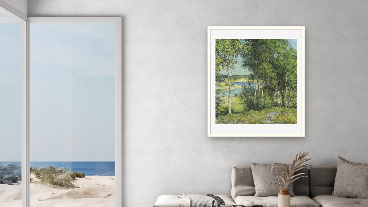 A Family of Birches by Willard LeRoy Metcalf, shown at 32 × 40 in (81.3 × 101.6 cm) in Ramino Opaque White, living