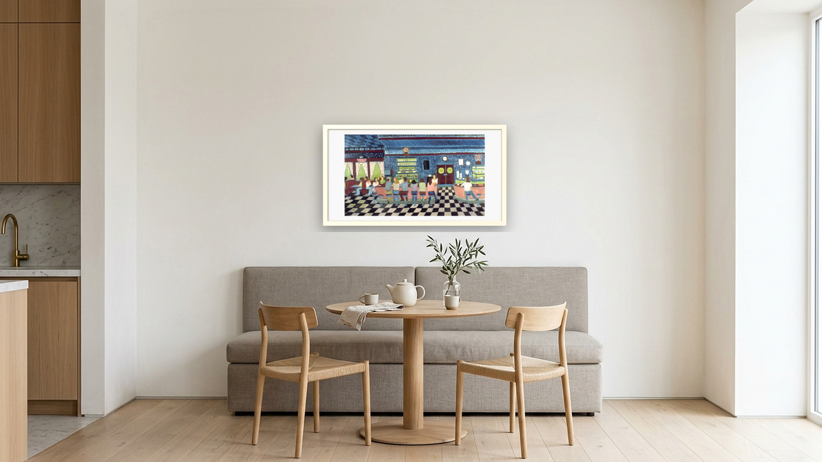Diner by Ralph Fasanella, shown at 20 × 40 in (50.8 × 101.6 cm) in Ramino Opaque White, kitchen