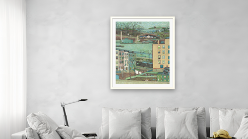 Across the River by Ralph Fasanella, shown at 32 × 40 in (81.3 × 101.6 cm) in Ramino Opaque White, living [arteriel-render:v6:room_a:32x40@57,38]
