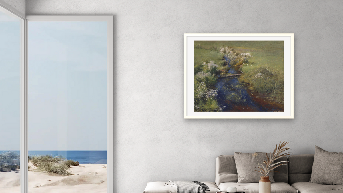 Wild Asters by Dennis Miller Bunker, shown at 32 × 40 in (81.3 × 101.6 cm) in Ramino Opaque White, living