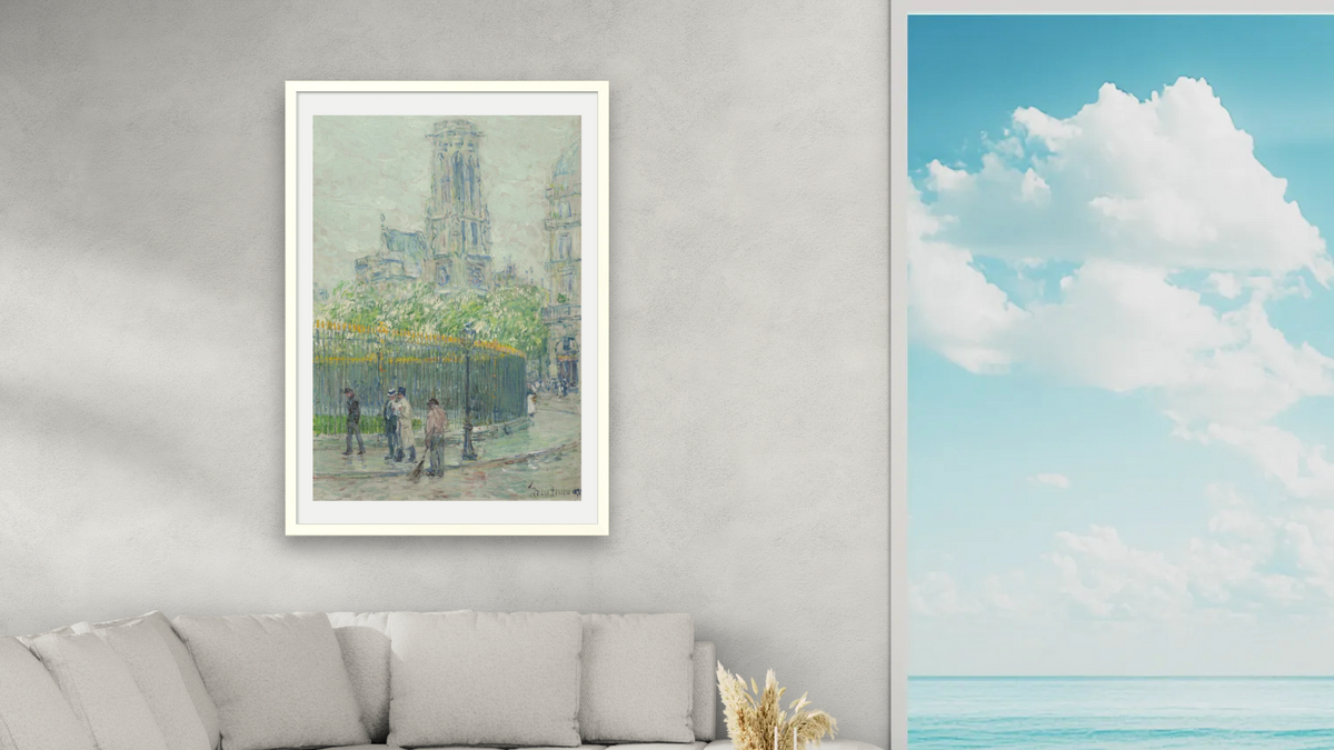 St. Germain l’Auxerrois by Childe Hassam, shown at 28 × 42 in (71.1 × 106.7 cm) in Ramino Opaque White, living