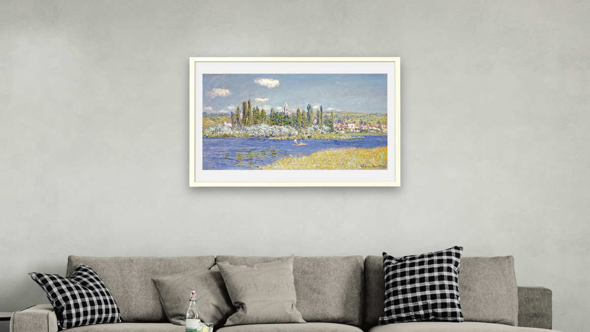 Vetheuil by Claude Monet, shown at 28 × 42 in (71.1 × 106.7 cm) in Ramino Opaque White, living