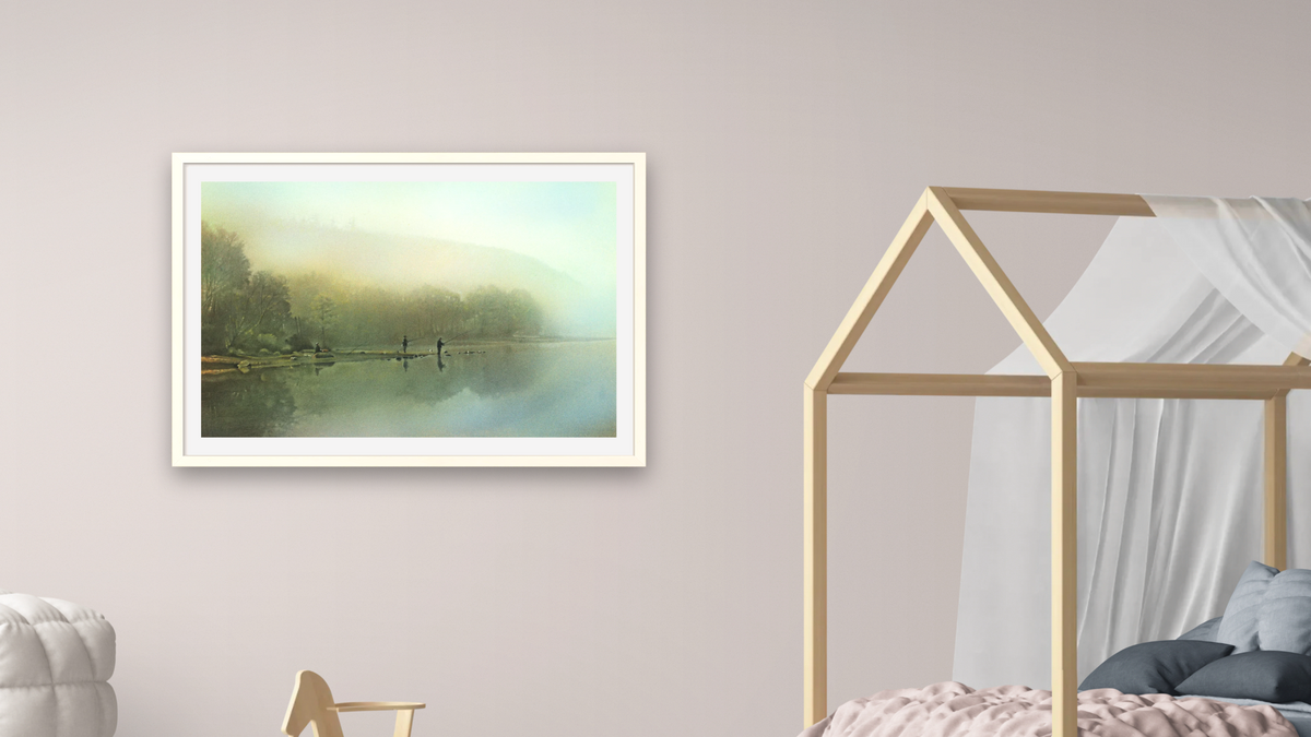 Fishing at Dawn by Kirsten Söderlind, shown at 28 × 42 in (71.1 × 106.7 cm) in Ramino Opaque White, bedroom
