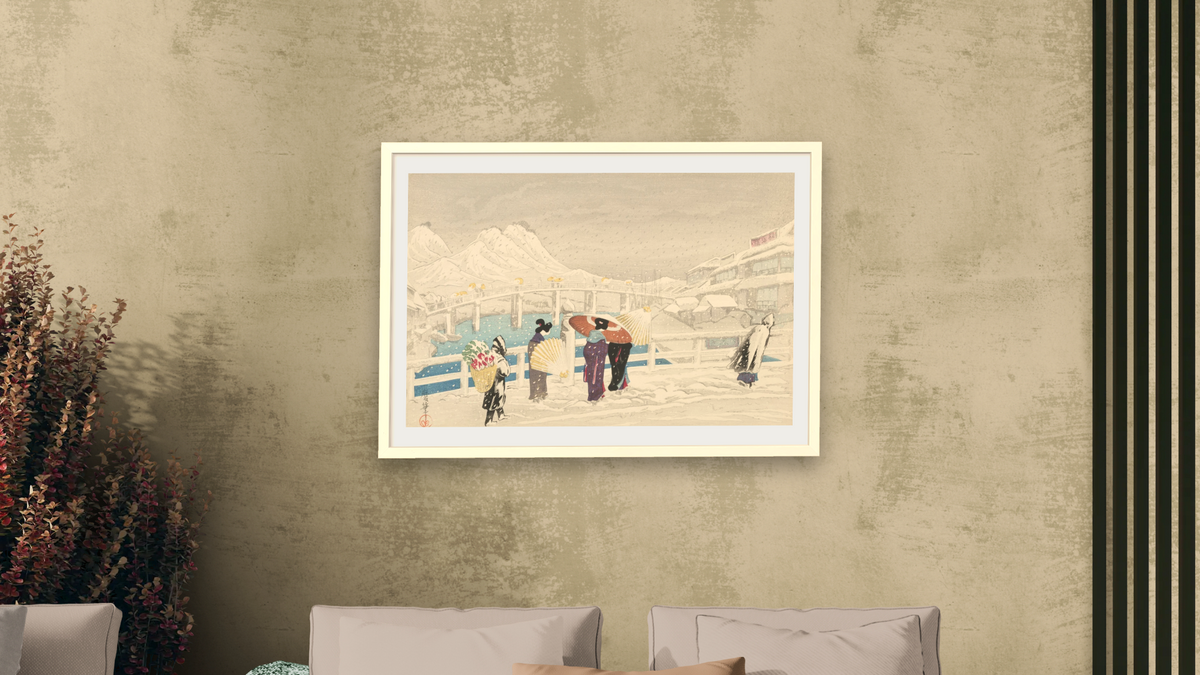 Matsuye Bridge in Snow (Matsuye Ohashi) by Oda Kazuma, shown at 28 × 42 in (71.1 × 106.7 cm) in Ramino Opaque White, living