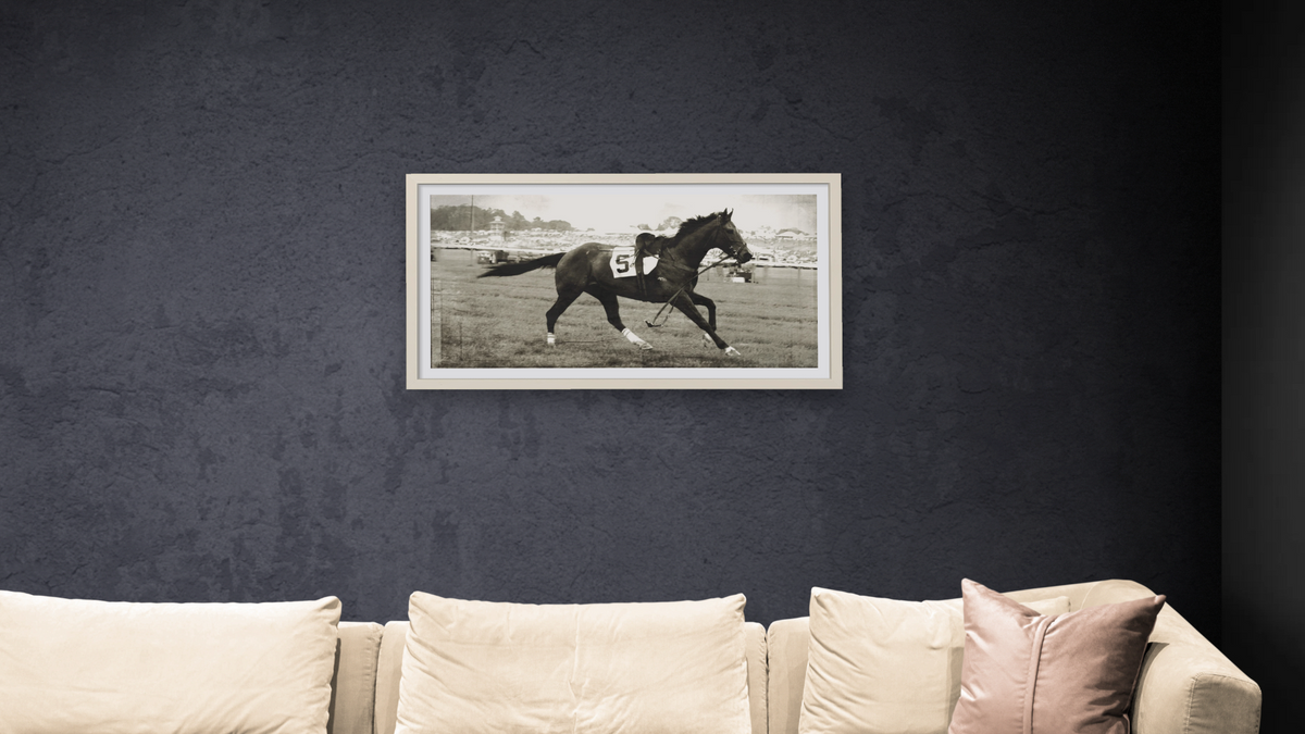 Steeple Chase No.5 by Brandon Luther, shown at 20 × 40 in (50.8 × 101.6 cm) in Ramino Opaque White, living