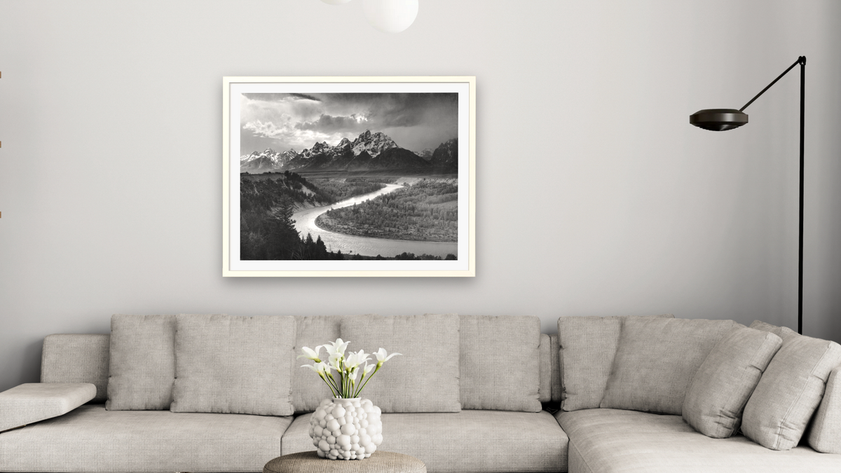 The Tetons and the Snake River by Ansel Adams, shown at 32 × 40 in (81.3 × 101.6 cm) in Ramino Opaque White, living