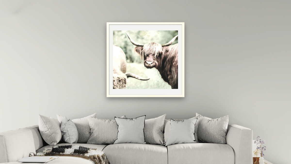 three horns by Brandon Luther, shown at 32 × 32 in (81.3 × 81.3 cm) in Ramino Opaque White, living