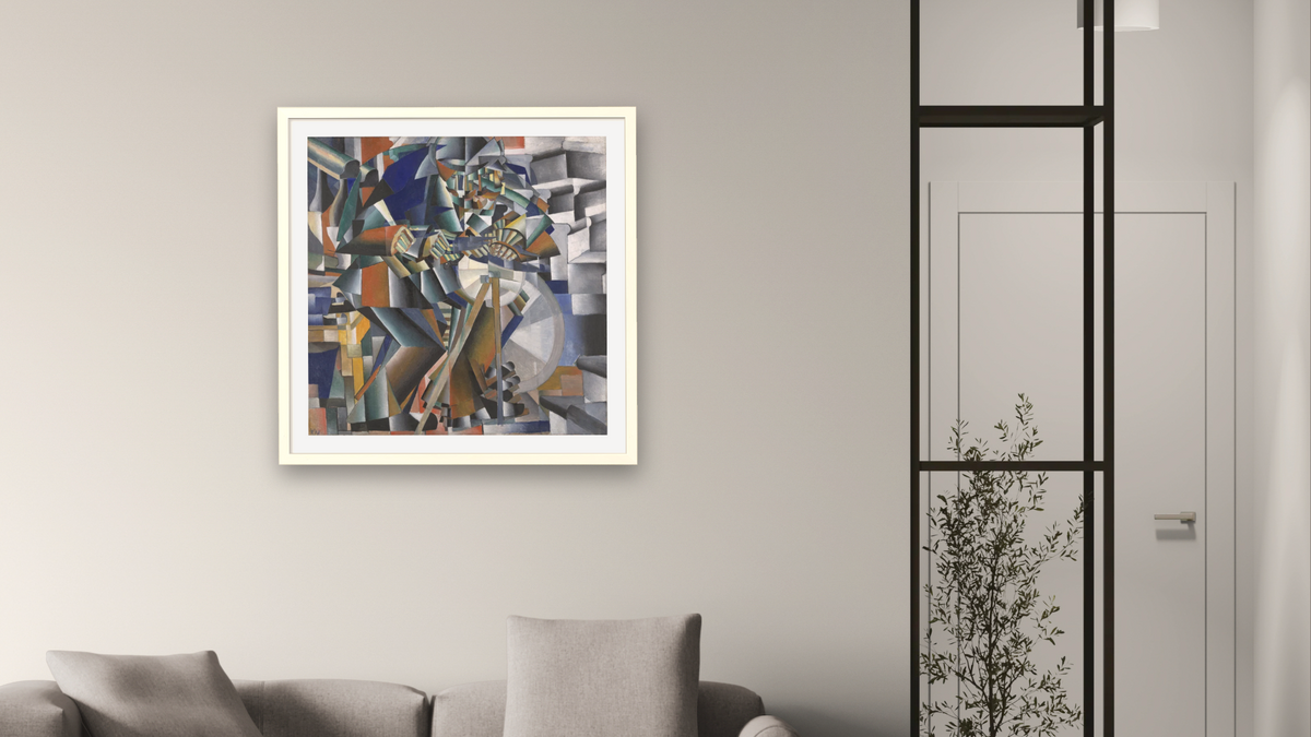 Tochil’schik Printsip Mel’kaniia (The Knife Grinder or Principle of Glittering) by Kazimir Malevich, shown at 32 × 32 in (81.3 × 81.3 cm) in Ramino Opaque White, living
