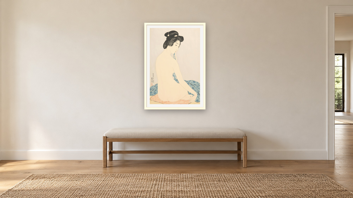 Woman After the Bath by Goyō Hashiguchi, shown at 28 × 42 in (71.1 × 106.7 cm) in Ramino Opaque White, hallway