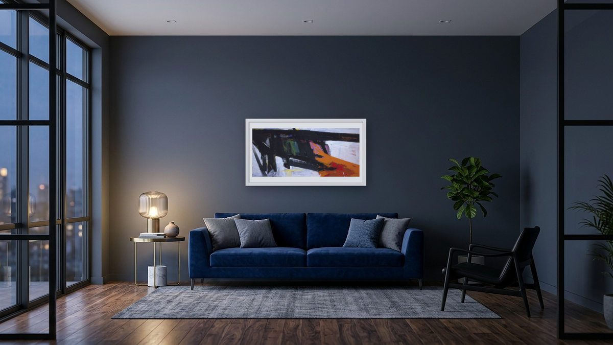 Orange and Black Wall by Franz Kline, shown at 20 × 40 in (50.8 × 101.6 cm) in Ramino Opaque White, den