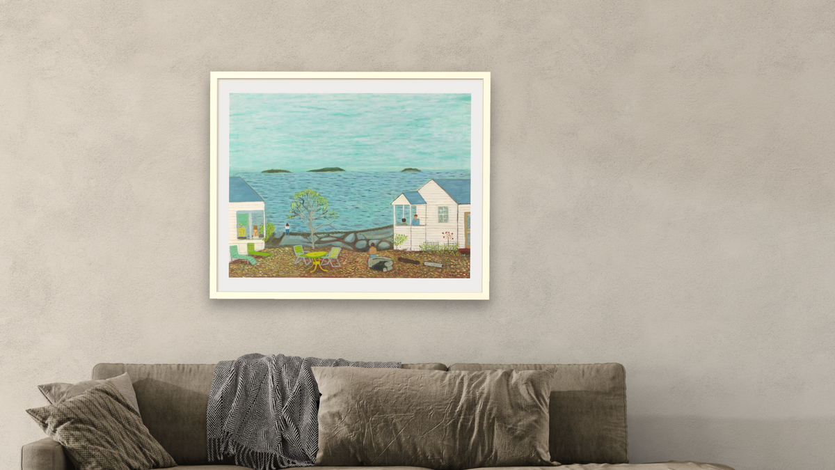 Camden Maine by Ralph Fasanella, shown at 32 × 40 in (81.3 × 101.6 cm) in Ramino Opaque White, living