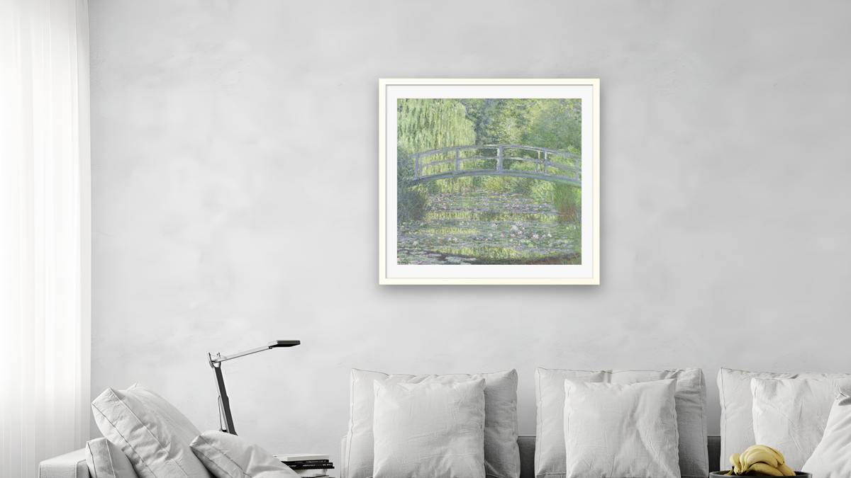 The Waterlily Pond: Green Harmony by Claude Monet, shown at 32 × 32 in (81.3 × 81.3 cm) in Ramino Opaque White, living