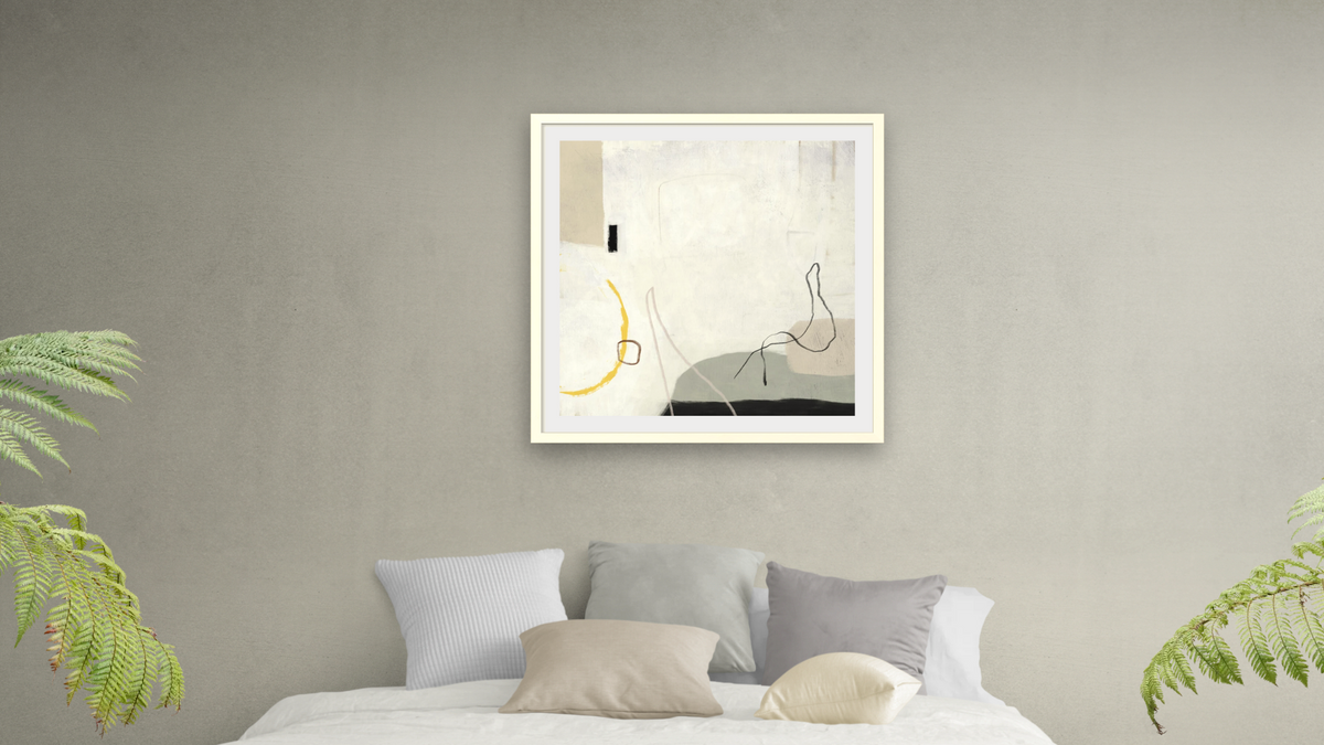 Content by Dan Hobday, shown at 32 × 32 in (81.3 × 81.3 cm) in Ramino Opaque White, bedroom