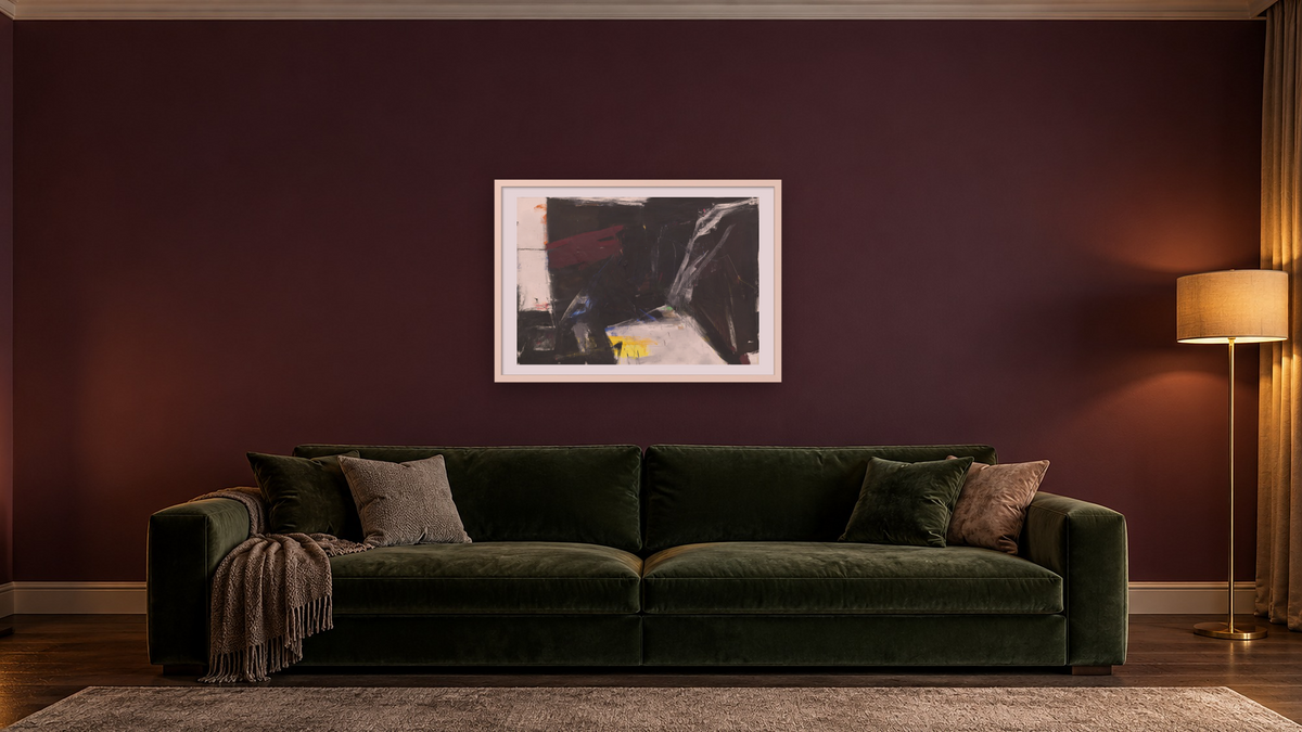 C & O by Franz Kline, shown at 28 × 42 in (71.1 × 106.7 cm) in Ramino Opaque White, den