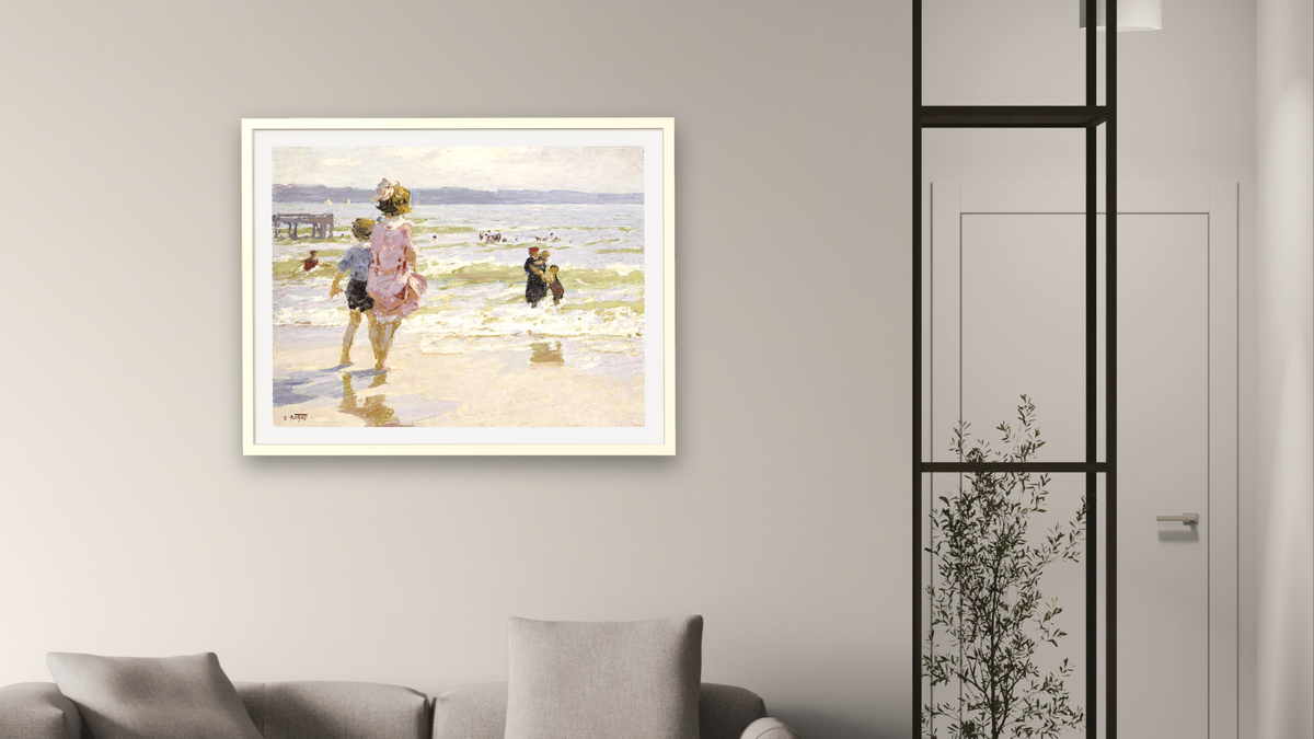 At The Seashore by Edward Henry Potthast I, shown at 30 × 40 in (76.2 × 101.6 cm) in Ramino Opaque White, living
