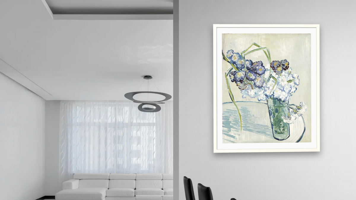 Still Life, Vase of Carnations by Vincent van Gogh, shown at 32 × 40 in (81.3 × 101.6 cm) in Ramino Opaque White, dining