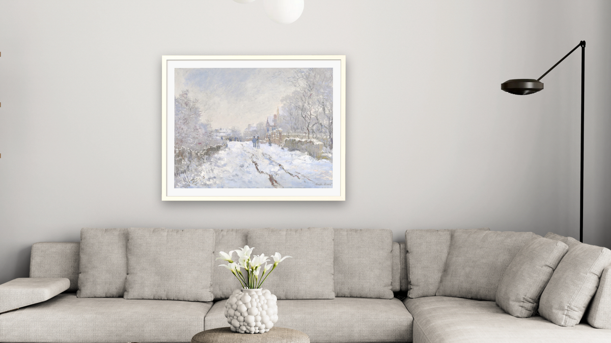 Snow Scene at Argenteuil by Claude Monet, shown at 32 × 40 in (81.3 × 101.6 cm) in Ramino Opaque White, living