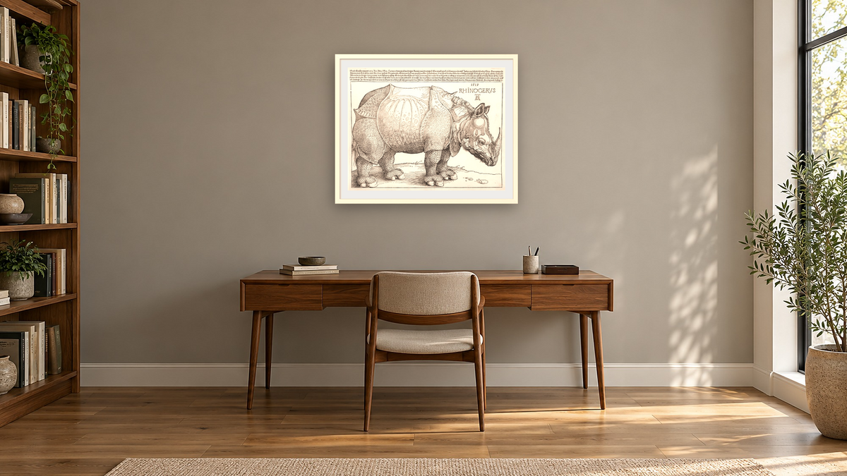The Rhinoceros by Albrecht Dürer, shown at 32 × 40 in (81.3 × 101.6 cm) in Ramino Opaque White, library