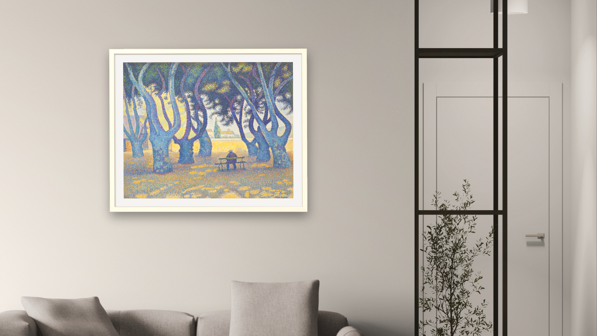 Place des Lices, St. Tropez by Paul Signac, shown at 32 × 40 in (81.3 × 101.6 cm) in Ramino Opaque White, living