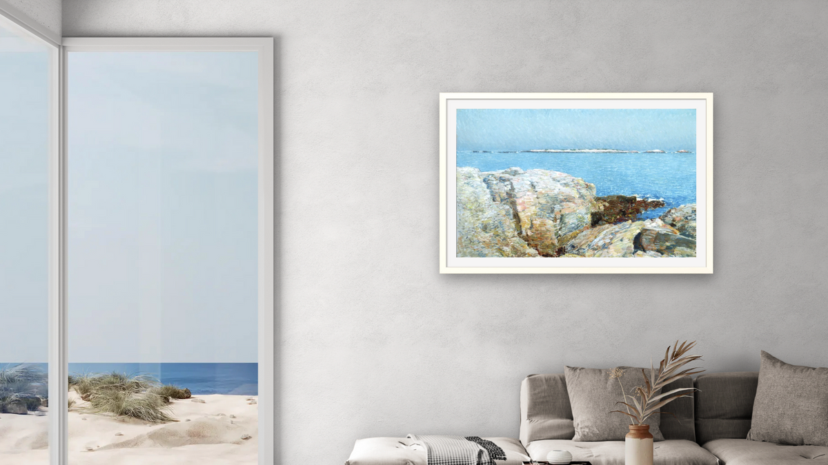 Duck Island by Childe Hassam, shown at 28 × 42 in (71.1 × 106.7 cm) in Ramino Opaque White, living