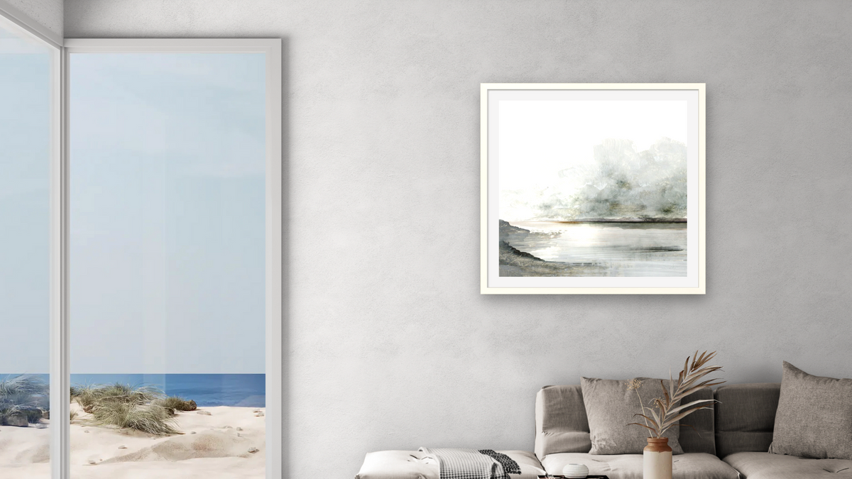 Ebb by Dan Hobday, shown at 32 × 32 in (81.3 × 81.3 cm) in Ramino Opaque White, living