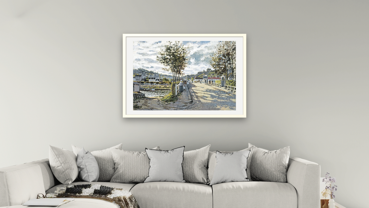 The Seine at Bougival by Claude Monet, shown at 28 × 42 in (71.1 × 106.7 cm) in Ramino Opaque White, living