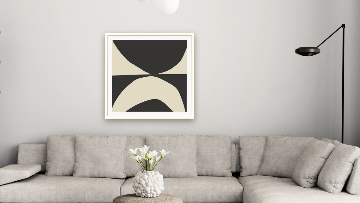 State 1 by Dan Hobday, shown at 32 × 32 in (81.3 × 81.3 cm) in Ramino Opaque White, living