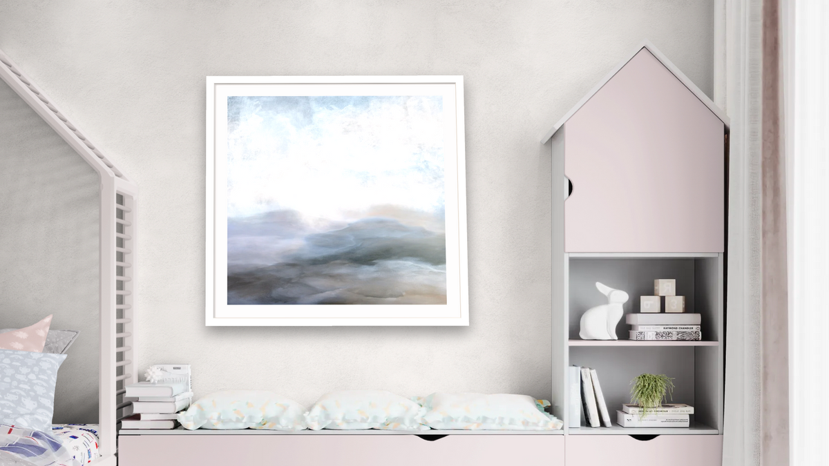 Dream Lands SQ by Dan Hobday, shown at 32 × 32 in (81.3 × 81.3 cm) in Ramino Opaque White, bedroom