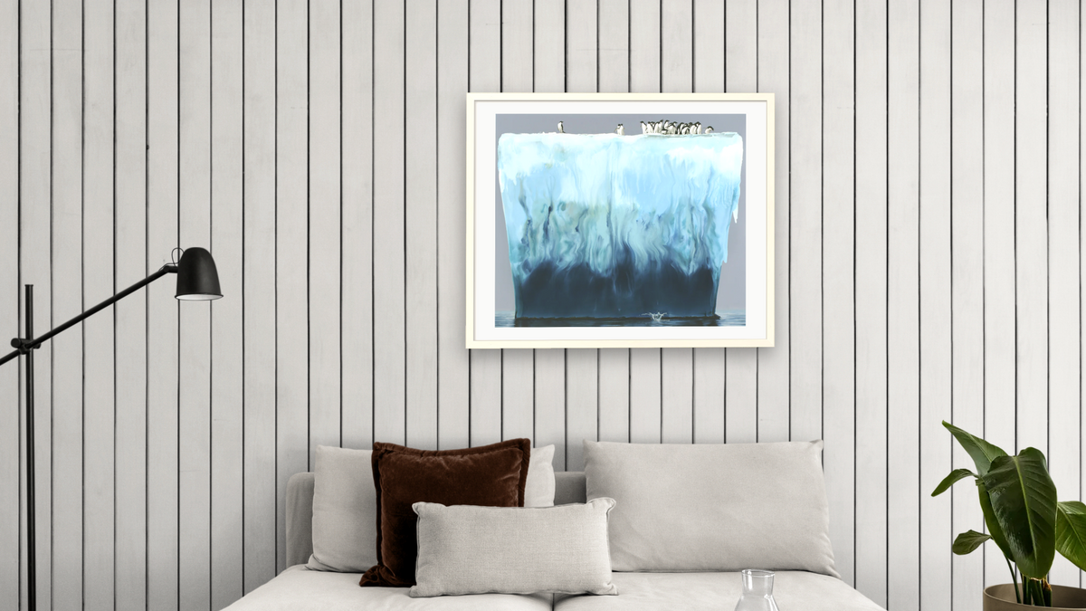 Adelies by Alexis Rockman, shown at 32 × 40 in (81.3 × 101.6 cm) in Ramino Opaque White, living