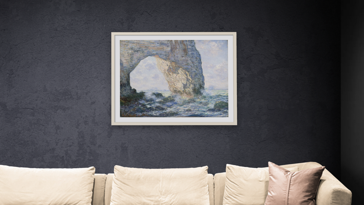 The Manneporte (Etretat) by Claude Monet, shown at 32 × 40 in (81.3 × 101.6 cm) in Ramino Opaque White, living