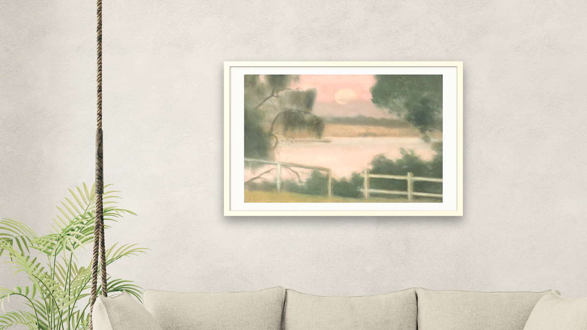 Keefer's Jetty by Clarice Beckett, shown at 28 × 42 in (71.1 × 106.7 cm) in Ramino Opaque White, living