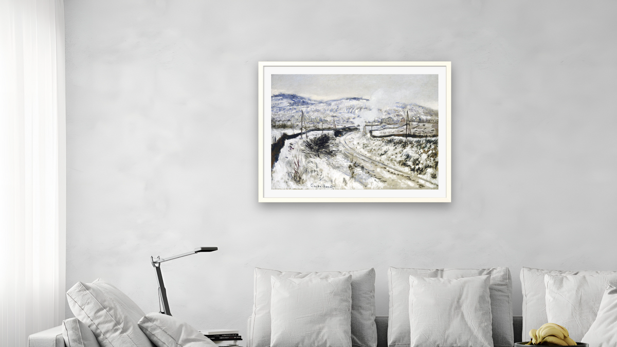 Train In The Snow at Argenteuil by Claude Monet, shown at 30 × 40 in (76.2 × 101.6 cm) in Ramino Opaque White, living
