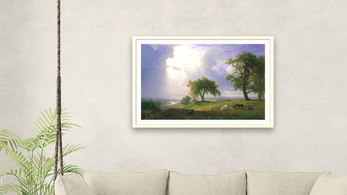 California Spring by Albert Bierstadt, shown at 28 × 42 in (71.1 × 106.7 cm) in Ramino Opaque White, living