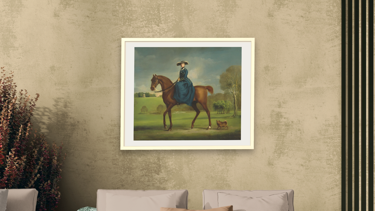 The Countess of Coningsby in the Costume of the Charlton Hunt by George Stubbs, shown at 32 × 40 in (81.3 × 101.6 cm) in Ramino Opaque White, living