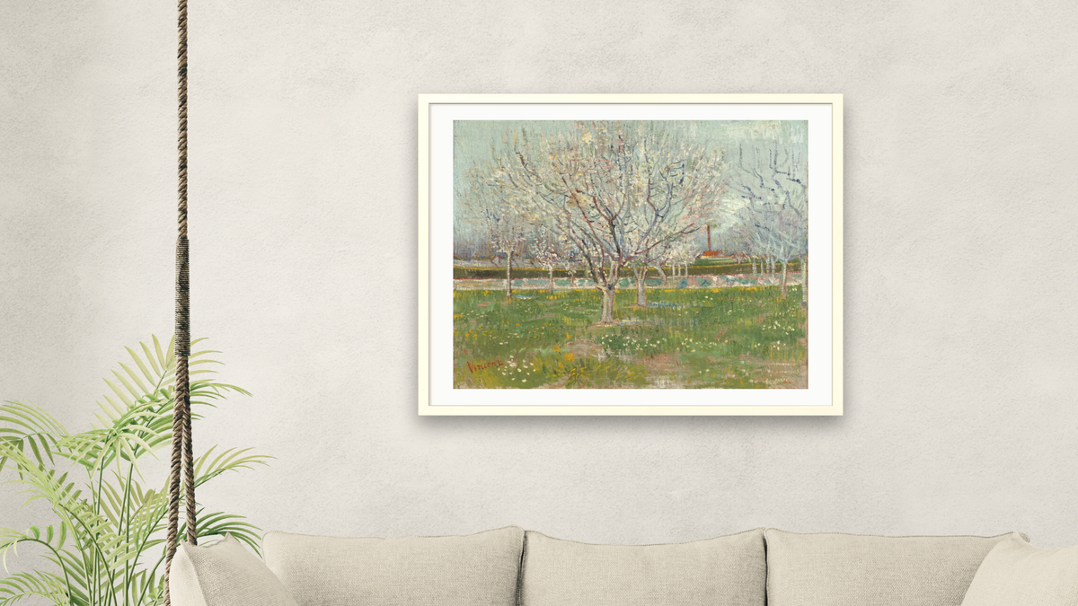 Orchard in Blossom (Plum Trees) by Vincent van Gogh, shown at 32 × 40 in (81.3 × 101.6 cm) in Ramino Opaque White, living