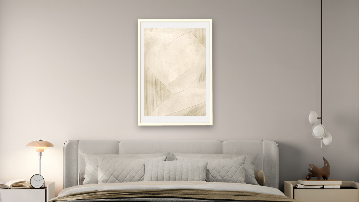 Greatness by Dan Hobday, shown at 28 × 42 in (71.1 × 106.7 cm) in Ramino Opaque White, bedroom