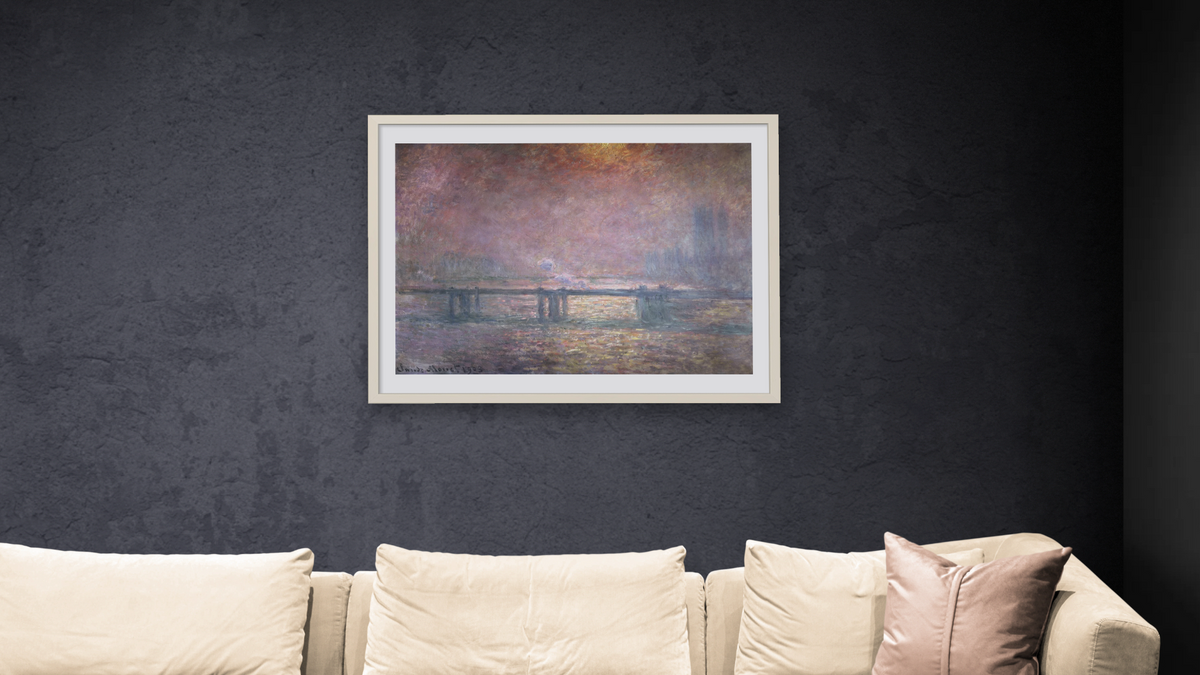 The Thames at Charing Cross by Claude Monet, shown at 30 × 40 in (76.2 × 101.6 cm) in Ramino Opaque White, living